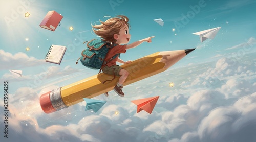 Girl flying on pencil through clouds with books and paper airplanes.