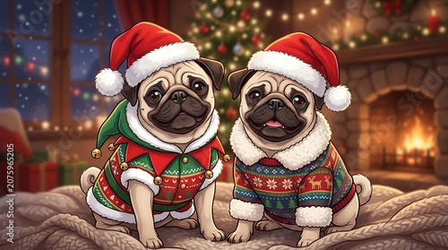 Two Pugs in Festive Christmas Sweaters and Santa Hats.