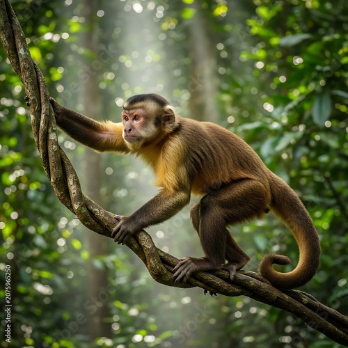 Young man swinging through lush green forest.
