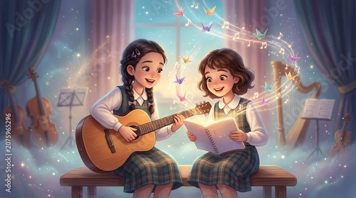Two Young Girls Playing Guitar and Singing with Musical Notes.