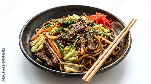 Freshly cooked pasta with vegetables in wooden bowl.