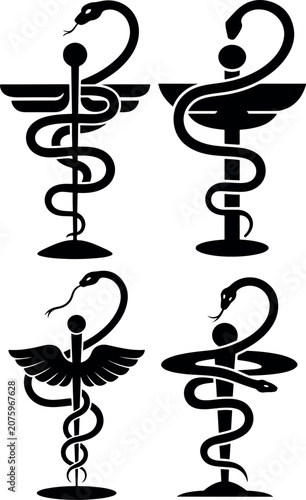 Variations of the rod of asclepius medical symbol with swans
