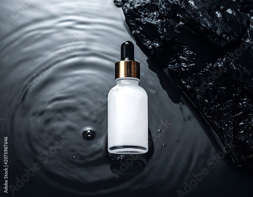 A serene dropper bottle on rippled water beside a dark stone