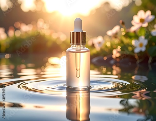 A serene dropper bottle in water with flowers