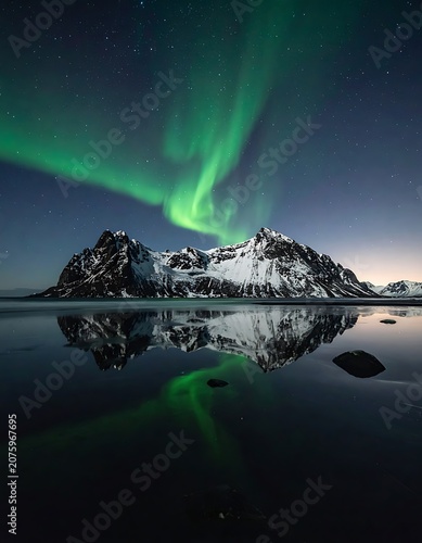 A serene landscape of a snow-capped mountain range under the aurora borealis