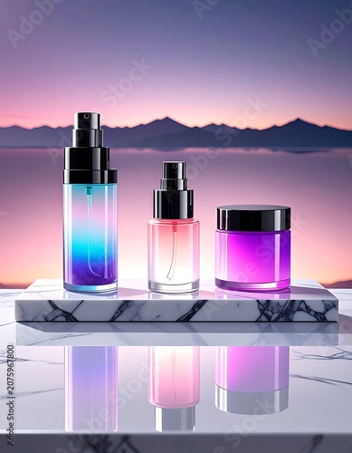 A serene landscape with cosmetic products