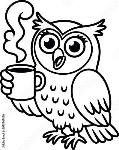 Charming cartoon owl holding coffee mug black and white line art illustration for kids