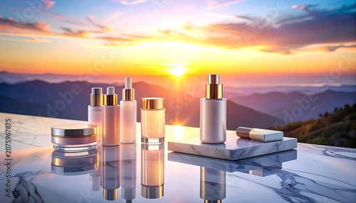 A serene mountain landscape with sunset and luxury skincare products on a marble surface
