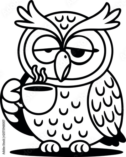 Sleepy owl with coffee mug illustration black and white vector graphic for design projects