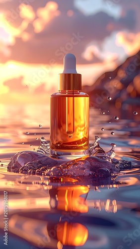 A serene sunset scene with a glass dropper bottle on water (3)