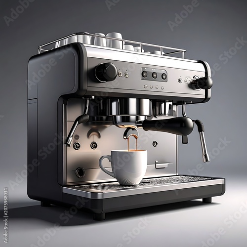 A shiny espresso machine dispensing coffee into a white cup