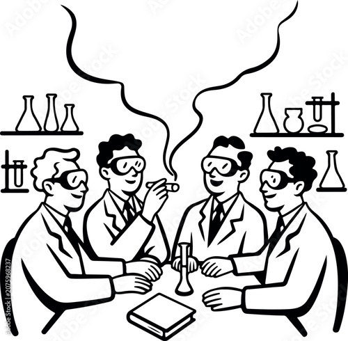 Four scientists in lab coats working together in a laboratory setting