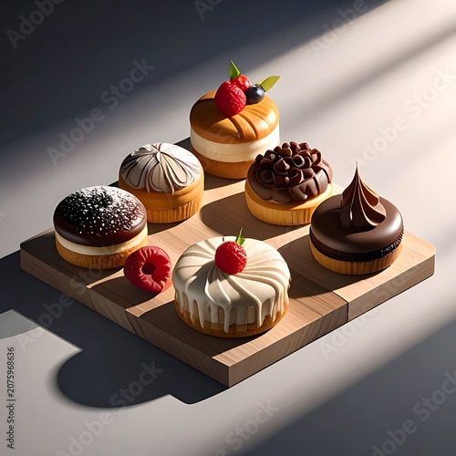 A wooden board displays six assorted donuts with toppings