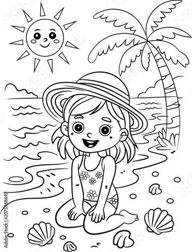 Black and white illustration of a young girl on a tropical beach with palm tree and smiling sun