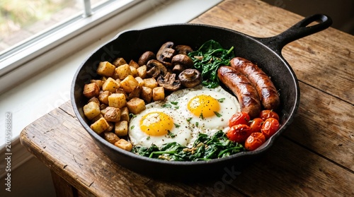 Hearty breakfast in cast iron skillet