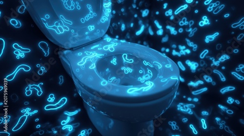 Glowing blue bacteria and germs on toilet bowl in dark digital art concept