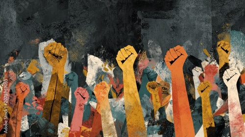 Raised fists of diverse crowd in bold grunge collage illustration style