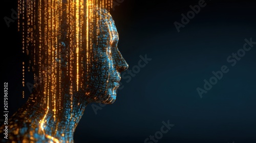 Digital human profile with glowing binary code data streams, AI concept