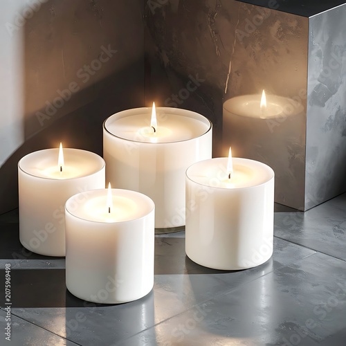 Soft white candles on a gray tile floor with warm glow