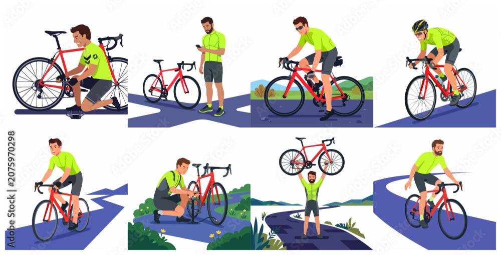 Fototapeta premium Set of Professional Cyclist Character Activities and Road Bike Maintenance Vector Illustrations