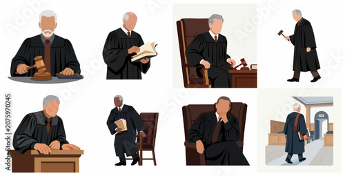 Obraz na plátně Set of flat vector illustrations featuring a male judge in different professional poses, such as holding a gavel, reading a legal book, and presiding over a courtroom trial