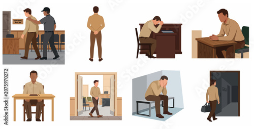 Photos Set of illustrations depicting a man's journey through the legal system, including court hearings, prison time, and eventual release