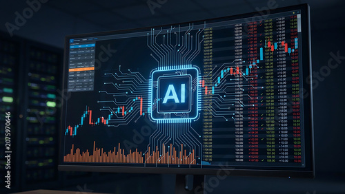 Computer monitor displaying complex artificial intelligence trading platform with stock market data visualization and glowing microchip interface for algorithmic financial investment.