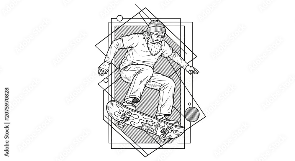 Fototapeta premium Bearded Skateboarder performing trick, geometric art style, illustration