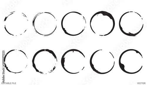 Grunge black coffee cup rings and round ink stains texture vector elements on white background
