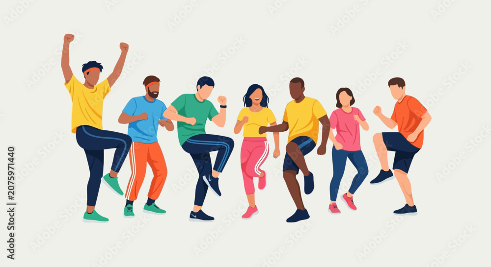 Obraz premium Diverse group of happy, energetic young people dancing together in vibrant activewear, celebrating unity and movement.