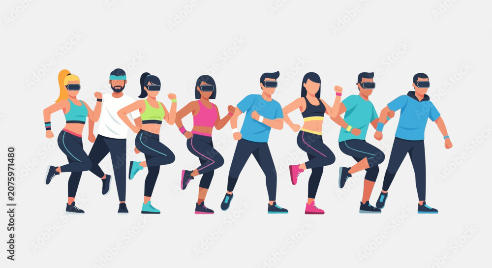 Obraz premium Diverse group of people engaging in a virtual reality fitness class, enjoying an immersive and interactive workout experience together.