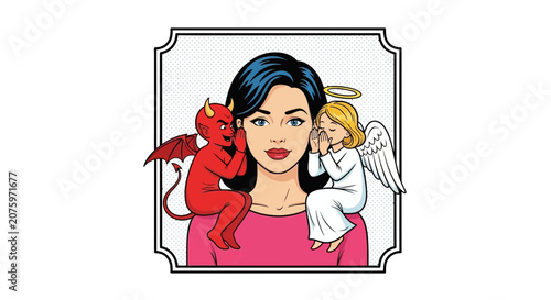 Angel and Devil whispering advice to woman, pop art style