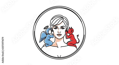 Angel and devil whispering advice to woman's ears
