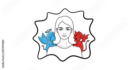Angel and Devil Whispering to Woman - Dilemma, Choice, Good vs Evil Concept