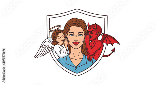 Angel and devil whispering to woman inside shield - decision making concept