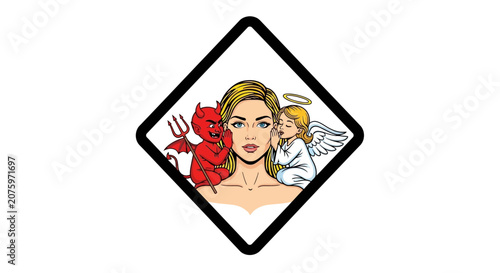 Angel and Devil Whispering to Woman, Moral Dilemma Concept Pop Art