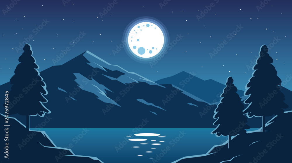 Fototapeta premium Night Mountains With Big Moon And Lake Vector Landscape Illustration