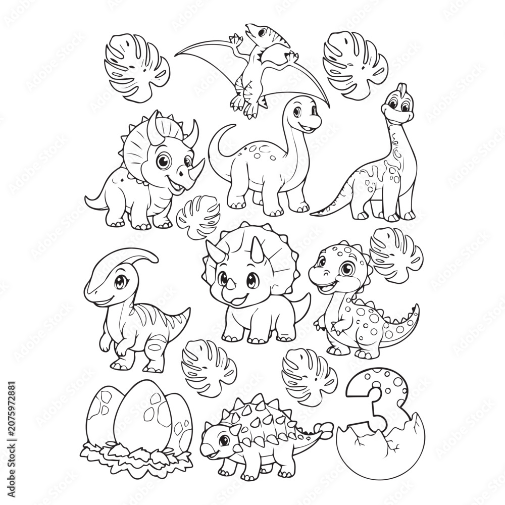 Obraz premium Colorful cartoon dinosaurs and eggs with leaves for kids education