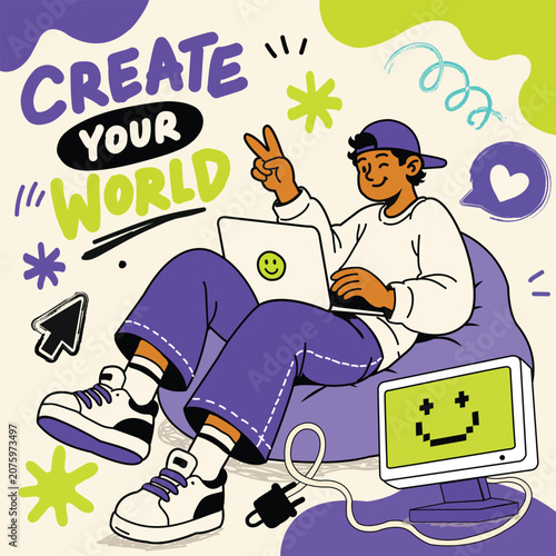 Playful Creative Workspace Illustration With Happy Designer Laptop And Fun Elements Everywhere