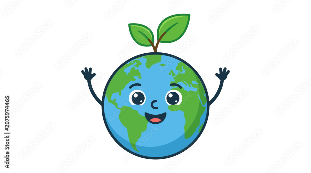 Fototapeta premium Cute happy earth character with arms raised and green leaves on top