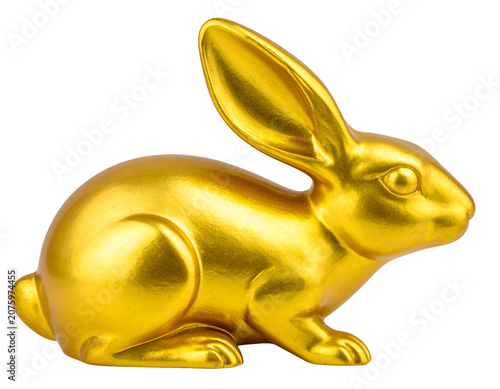 Golden rabbit statue with smooth metallic surface, cute bunny animal figurine and luxury decorative ornament on isolated background