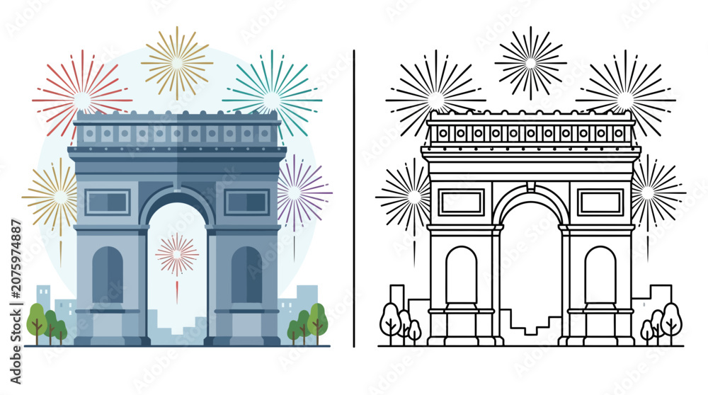 Fototapeta premium Arc de Triomphe Paris with Fireworks Celebration, Vector Illustration