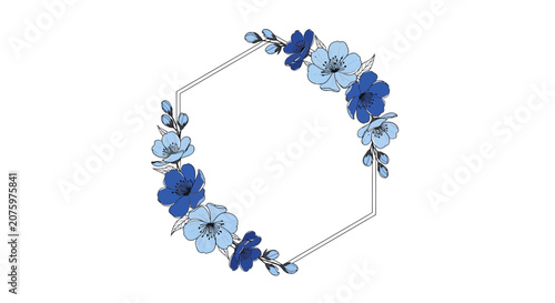 Blue Floral Hexagon Frame - Decorative Border with Flowers and Leaves