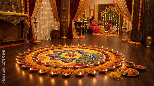 Beautiful Diwali Diyas with Colorful Rangoli Decoration
