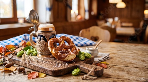 Rustic Oktoberfest Table Setting with Beer and Pretzels