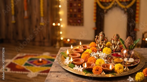 Hindu Diwali Prayer Setup with Diyas, Flowers and Decorative Elements