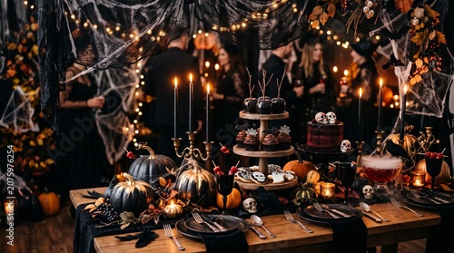 Halloween Party Table with Pumpkins, Candles and Decorations