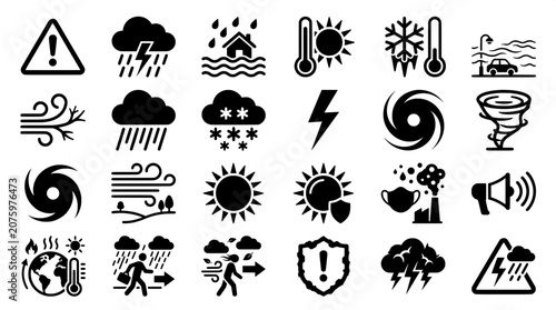 Photos Set of severe weather and natural disaster glyph icons with disaster lightning h