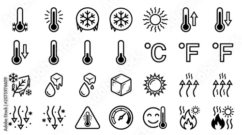 Obraz na plátne Temperature and climate weather icon set featuring thermometers and heat symbols