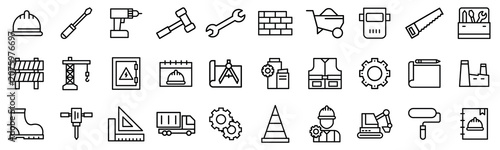 Construction and Industrial Tools Line Icon Set – Engineering, Safety Equipment, Building and Maintenance icon pack